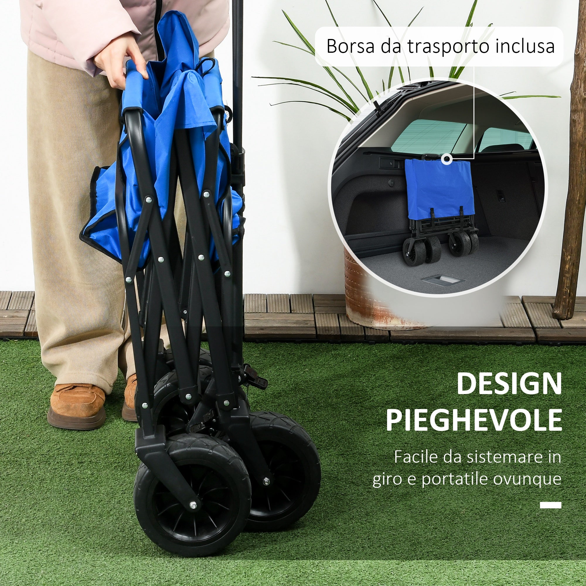 Folding Beach Cart 110L with Telescopic Handle and 15L Thermal Bag, Steel and Oxford Fabric Garden Cart, Blue