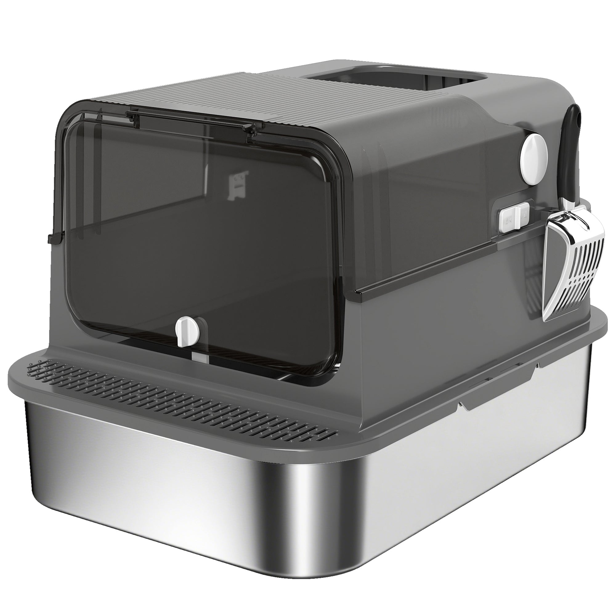 XXL Stainless Steel Cat Litter Box for Large Cats — Flip-Top Covered Litter Box, High Sides, Top Entry, Scoop, Odor-Resistant, Easy-Clean, Leak-Proof, Black