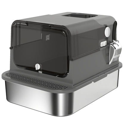 XXL Stainless Steel Cat Litter Box for Large Cats — Flip-Top Covered Litter Box, High Sides, Top Entry, Scoop, Odor-Resistant, Easy-Clean, Leak-Proof, Black