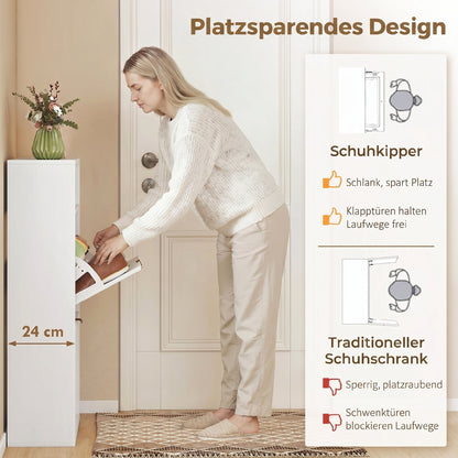 Slim Flip Shoe Cabinet — 2 Flip Compartments, Top Shelf, Holds 12–16 Pairs — White (31.5"x9.4"x40.4")