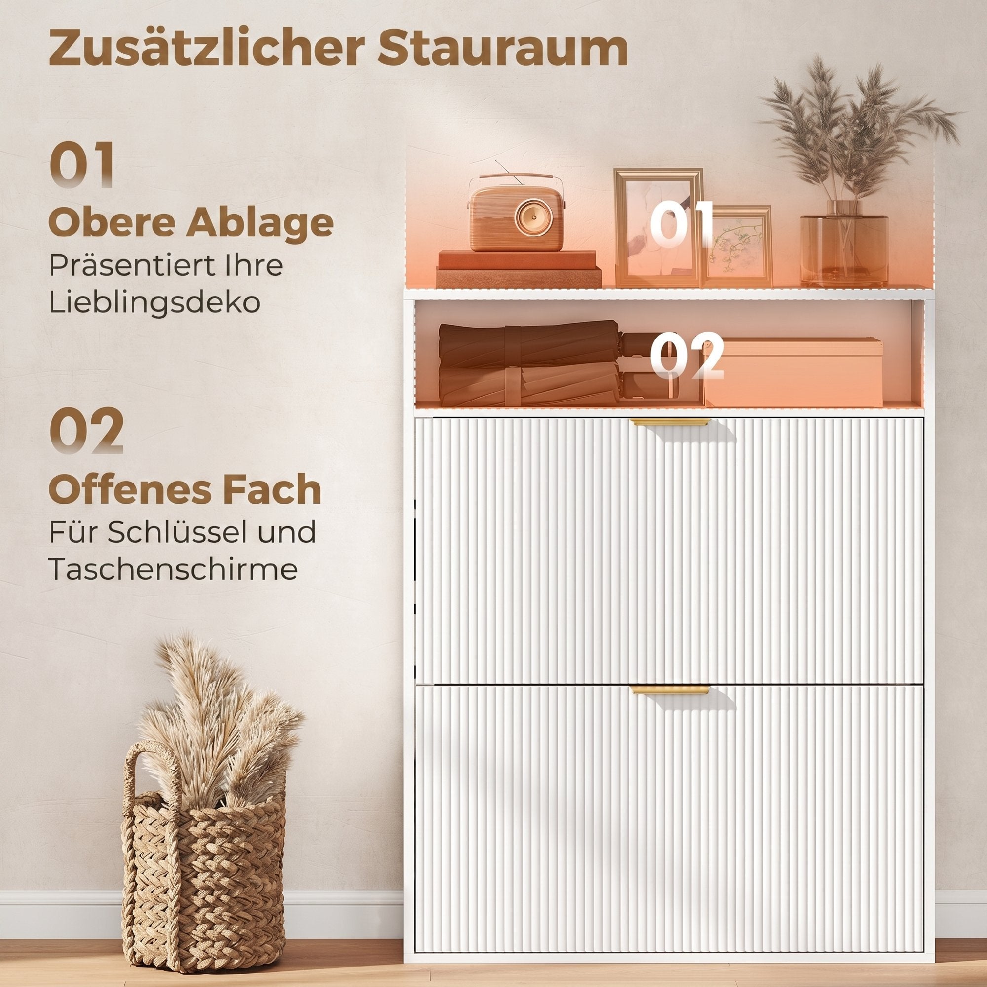 Slim Flip Shoe Cabinet — 2 Flip Compartments, Top Shelf, Holds 12–16 Pairs — White (31.5"x9.4"x40.4")