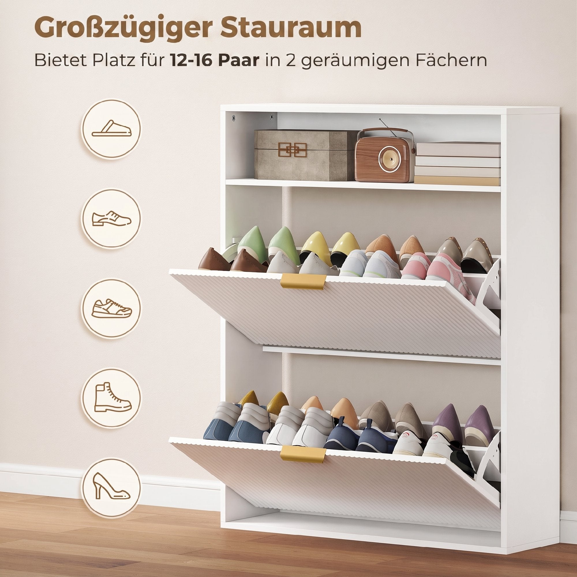 Slim Flip Shoe Cabinet — 2 Flip Compartments, Top Shelf, Holds 12–16 Pairs — White (31.5"x9.4"x40.4")