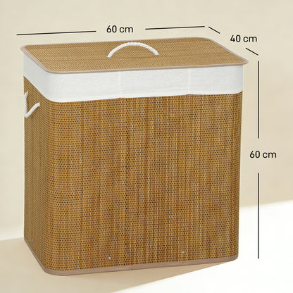 Bamboo Laundry Hamper with Lid, 144L, 3-Compartment Laundry Basket with Removable Washable Liners and Handles, for Laundry Room or Bedroom, 60 x 40 x 60 cm, Brown