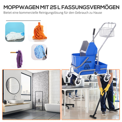 Cleaning Trolley with Mop Wringer, Bucket 25 Liters Mop Bucket with Wringer, Hook for Mop, Household Trolley with 4 Wheels Blue