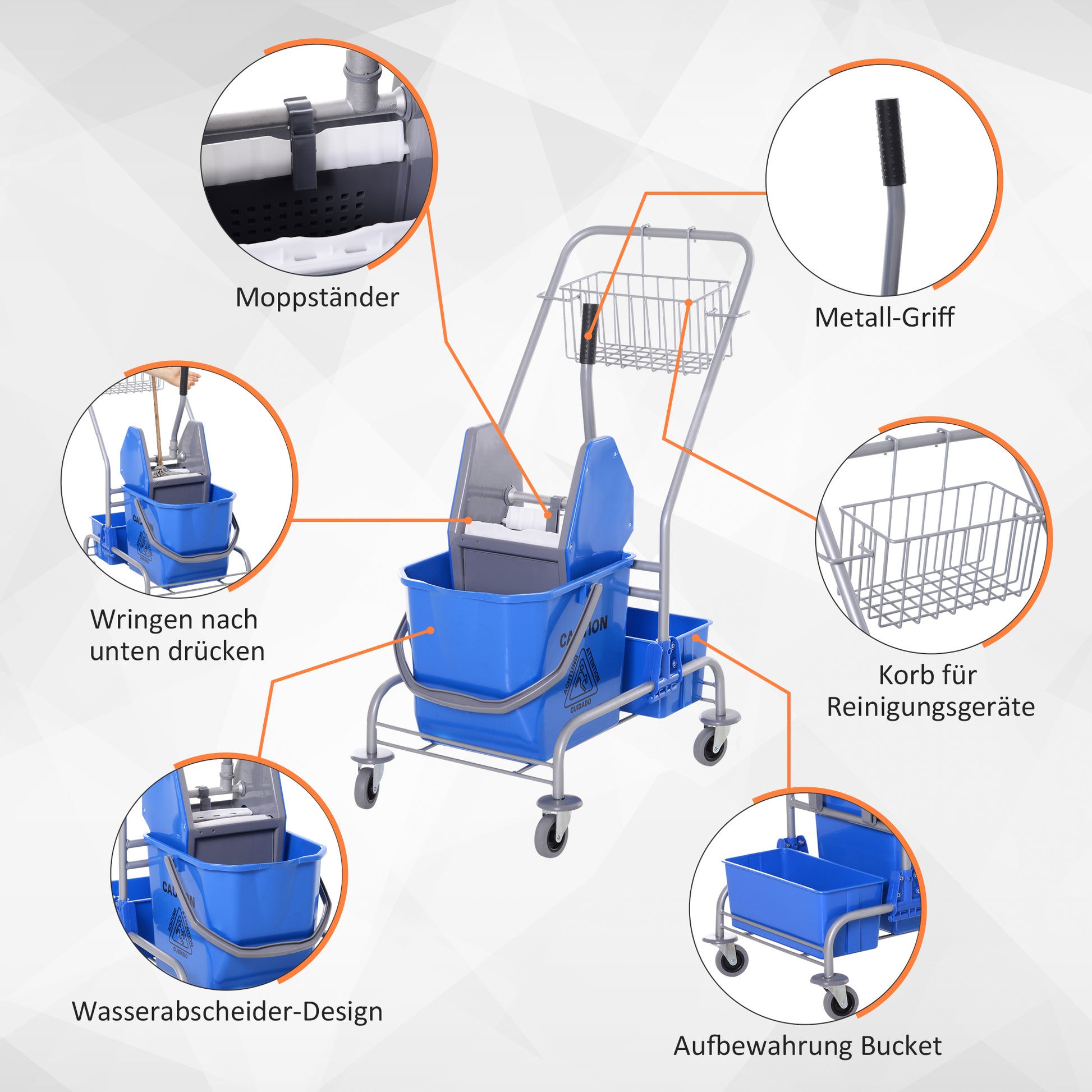 Cleaning Trolley with Mop Wringer, Bucket 25 Liters Mop Bucket with Wringer, Hook for Mop, Household Trolley with 4 Wheels Blue