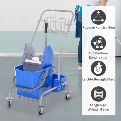 Cleaning Trolley with Mop Wringer, Bucket 25 Liters Mop Bucket with Wringer, Hook for Mop, Household Trolley with 4 Wheels Blue