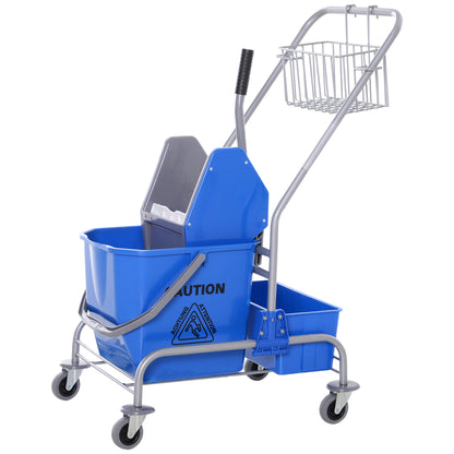 Cleaning Trolley with Mop Wringer, Bucket 25 Liters Mop Bucket with Wringer, Hook for Mop, Household Trolley with 4 Wheels Blue