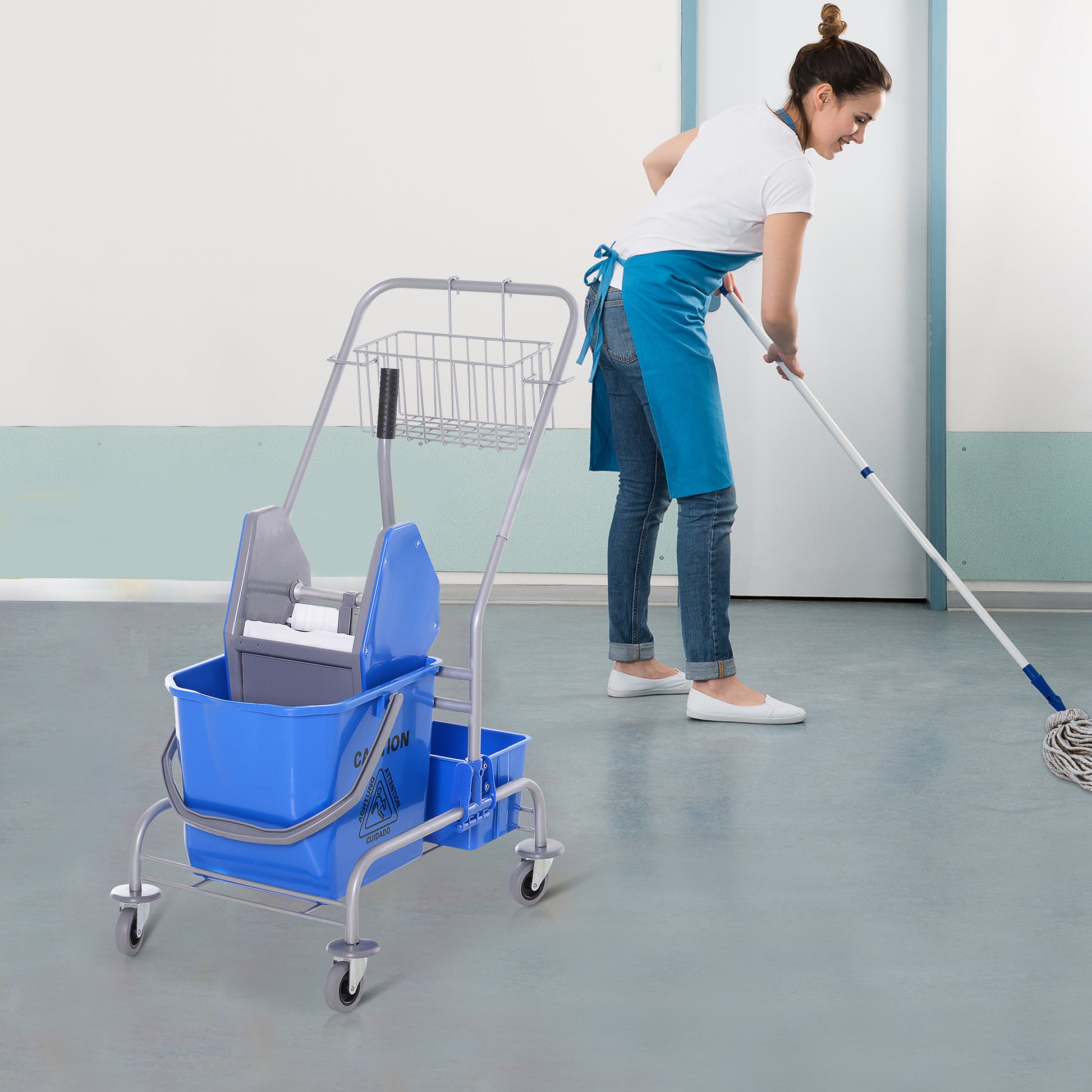 Cleaning Trolley with Mop Wringer, Bucket 25 Liters Mop Bucket with Wringer, Hook for Mop, Household Trolley with 4 Wheels Blue