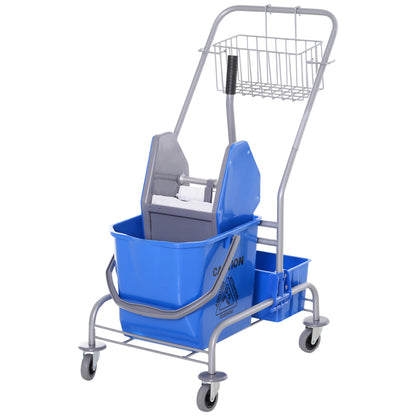 Cleaning Trolley with Mop Wringer, Bucket 25 Liters Mop Bucket with Wringer, Hook for Mop, Household Trolley with 4 Wheels Blue