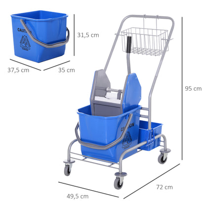Cleaning Trolley with Mop Wringer, Bucket 25 Liters Mop Bucket with Wringer, Hook for Mop, Household Trolley with 4 Wheels Blue