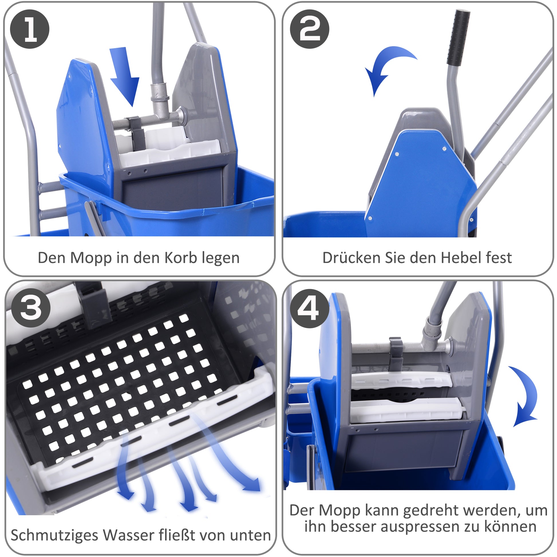 Cleaning Trolley with Mop Wringer, Bucket 25 Liters Mop Bucket with Wringer, Hook for Mop, Household Trolley with 4 Wheels Blue