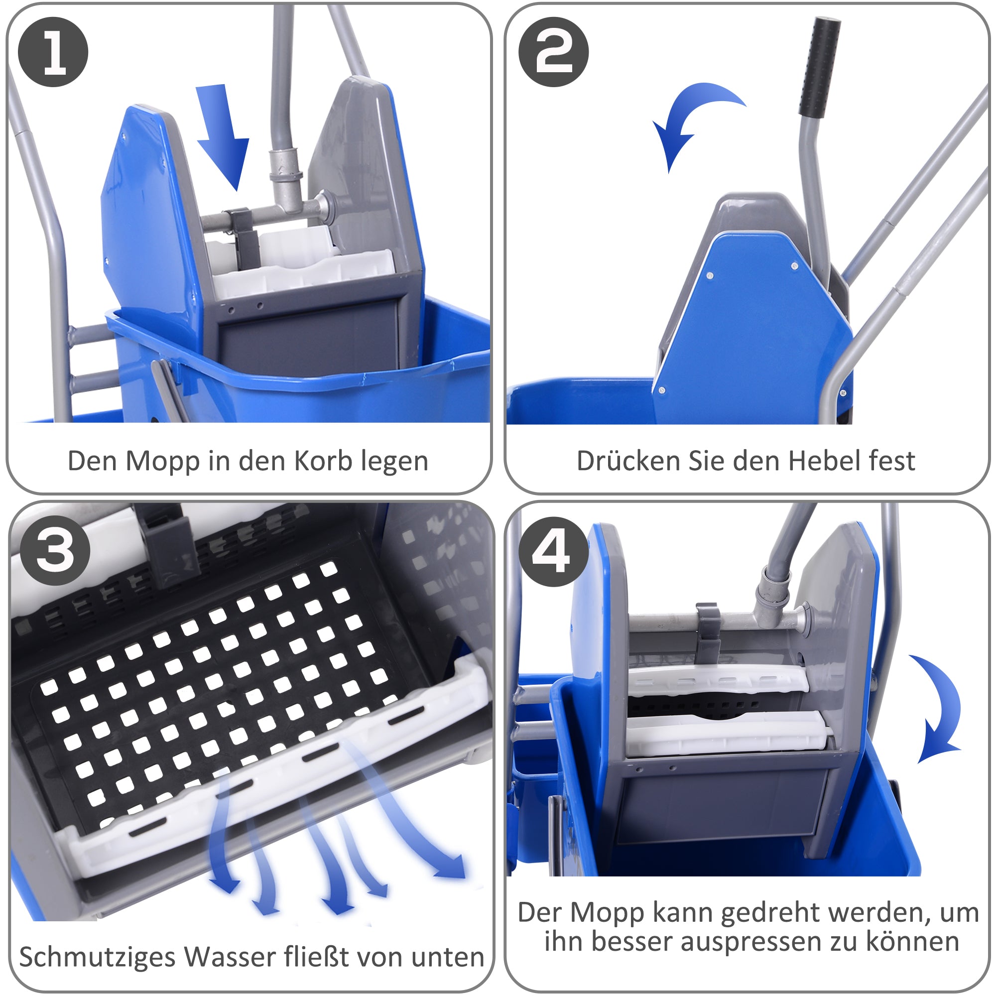 Cleaning Trolley with Mop Wringer, Bucket 25 Liters Mop Bucket with Wringer, Hook for Mop, Household Trolley with 4 Wheels Blue