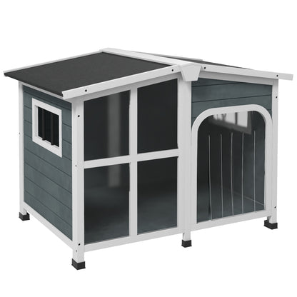 Dog House Small Wooden Dog House with Flip-Top Asphalt Roof Acrylic Front Door with Curtain and Removable Bottom 101x66.5x70.5 cm Dark Gray
