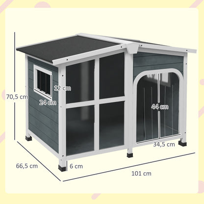 Dog House Small Wooden Dog House with Flip-Top Asphalt Roof Acrylic Front Door with Curtain and Removable Bottom 101x66.5x70.5 cm Dark Gray