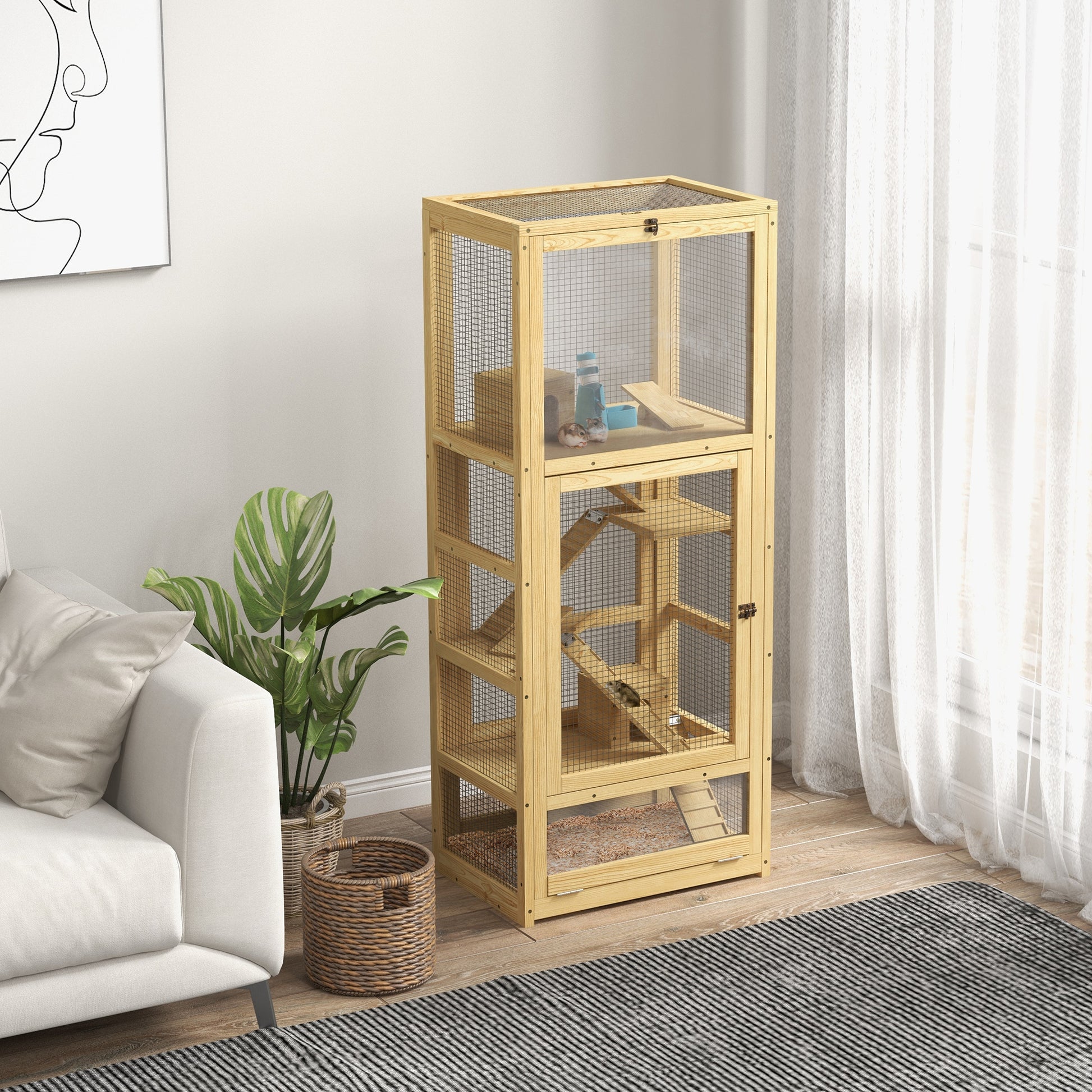 Hamster or Mouse Cage, Small Animals Wooden 5 Levels with Ladder, House, Swing, Removable Tray, Water Dispenser, 54 x 38 x 131 cm, Natural
