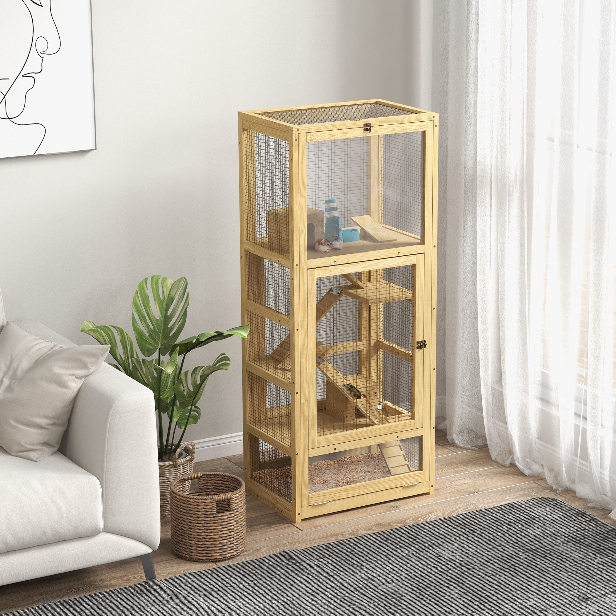 Hamster or Mouse Cage, Small Animals Wooden 5 Levels with Ladder, House, Swing, Removable Tray, Water Dispenser, 54 x 38 x 131 cm, Natural