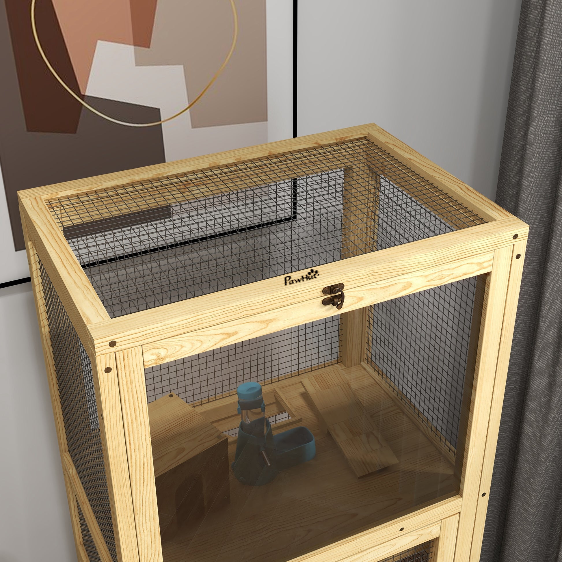 Hamster or Mouse Cage, Small Animals Wooden 5 Levels with Ladder, House, Swing, Removable Tray, Water Dispenser, 54 x 38 x 131 cm, Natural
