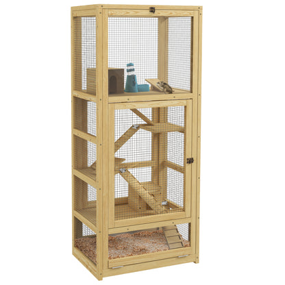 Hamster or Mouse Cage, Small Animals Wooden 5 Levels with Ladder, House, Swing, Removable Tray, Water Dispenser, 54 x 38 x 131 cm, Natural