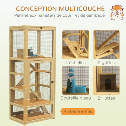 Hamster or Mouse Cage, Small Animals Wooden 5 Levels with Ladder, House, Swing, Removable Tray, Water Dispenser, 54 x 38 x 131 cm, Natural