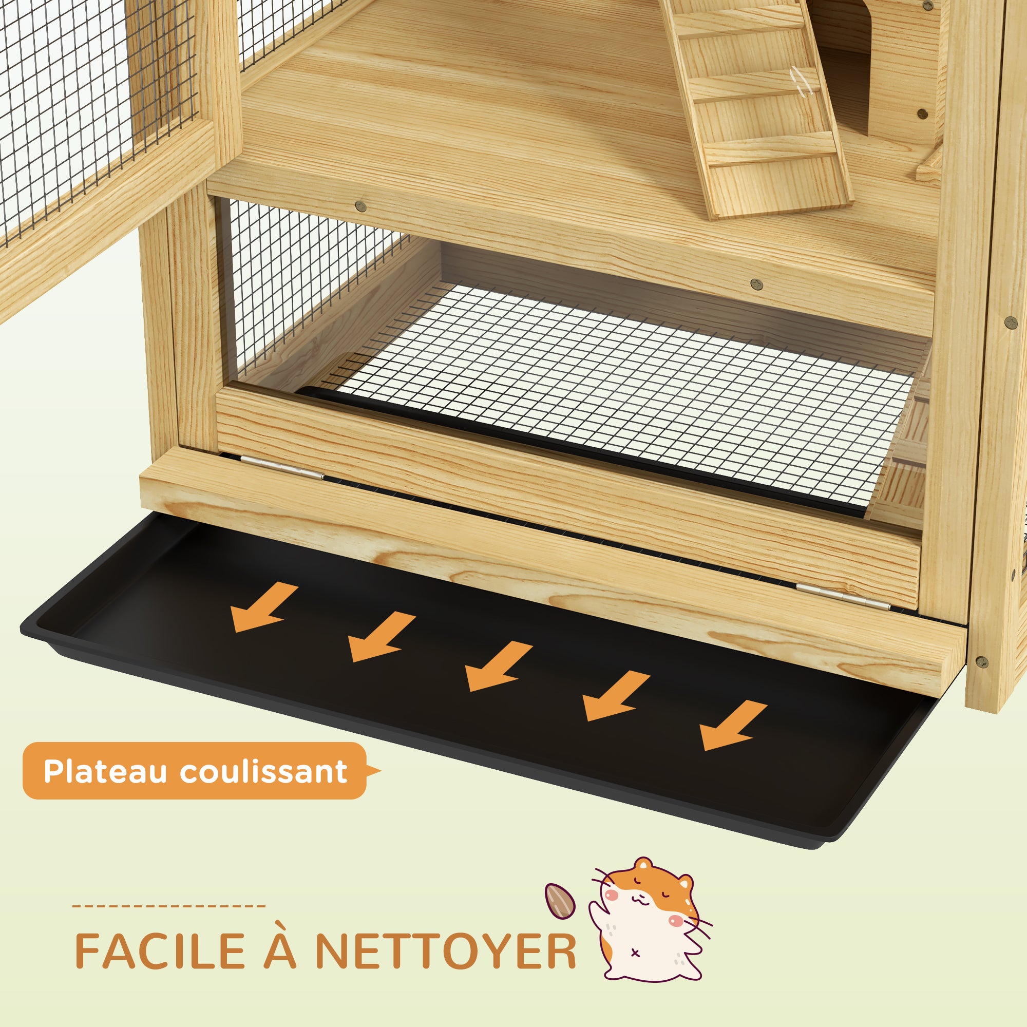 Hamster or Mouse Cage, Small Animals Wooden 5 Levels with Ladder, House, Swing, Removable Tray, Water Dispenser, 54 x 38 x 131 cm, Natural