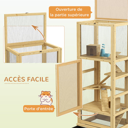 Hamster or Mouse Cage, Small Animals Wooden 5 Levels with Ladder, House, Swing, Removable Tray, Water Dispenser, 54 x 38 x 131 cm, Natural