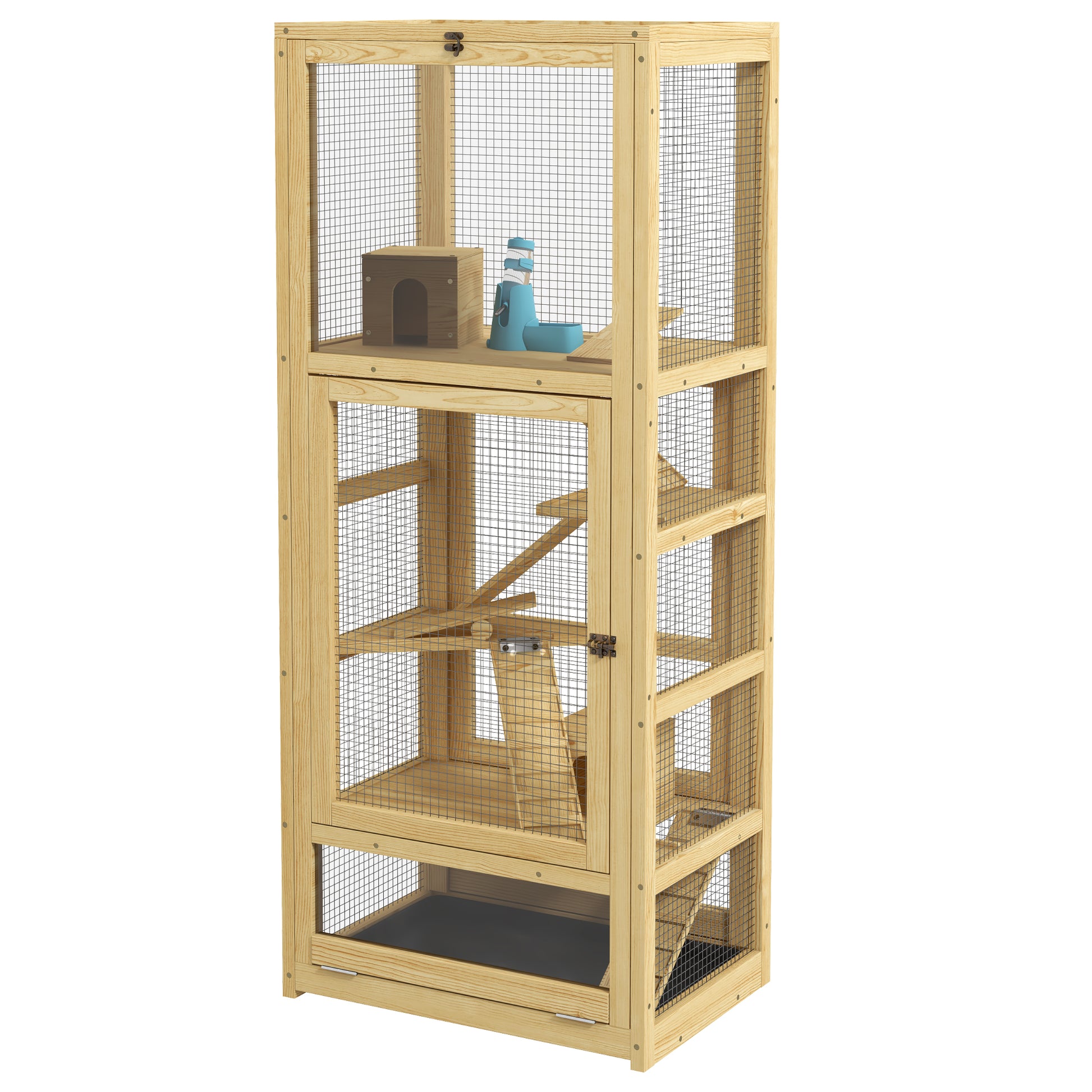 Hamster or Mouse Cage, Small Animals Wooden 5 Levels with Ladder, House, Swing, Removable Tray, Water Dispenser, 54 x 38 x 131 cm, Natural