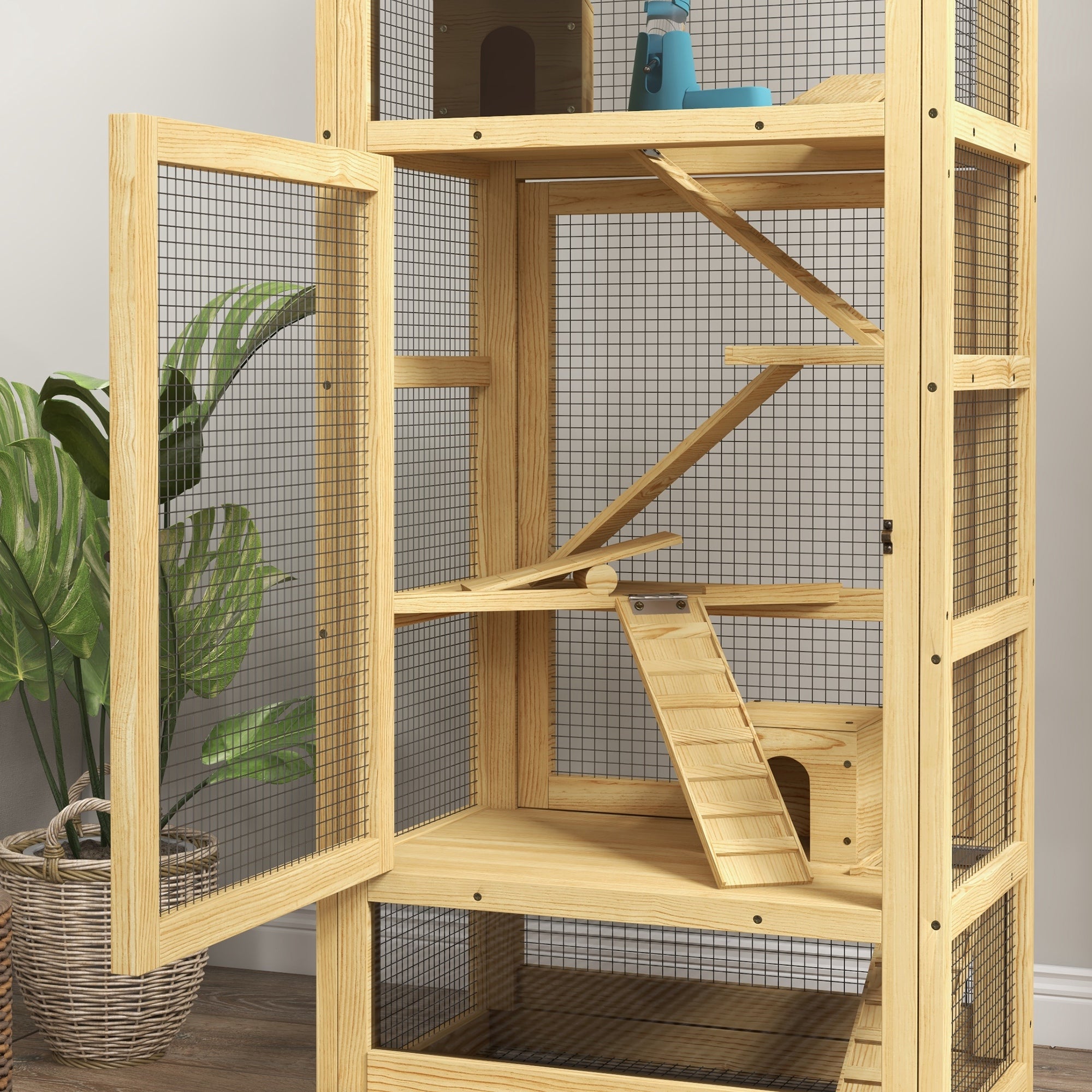 Hamster or Mouse Cage, Small Animals Wooden 5 Levels with Ladder, House, Swing, Removable Tray, Water Dispenser, 54 x 38 x 131 cm, Natural