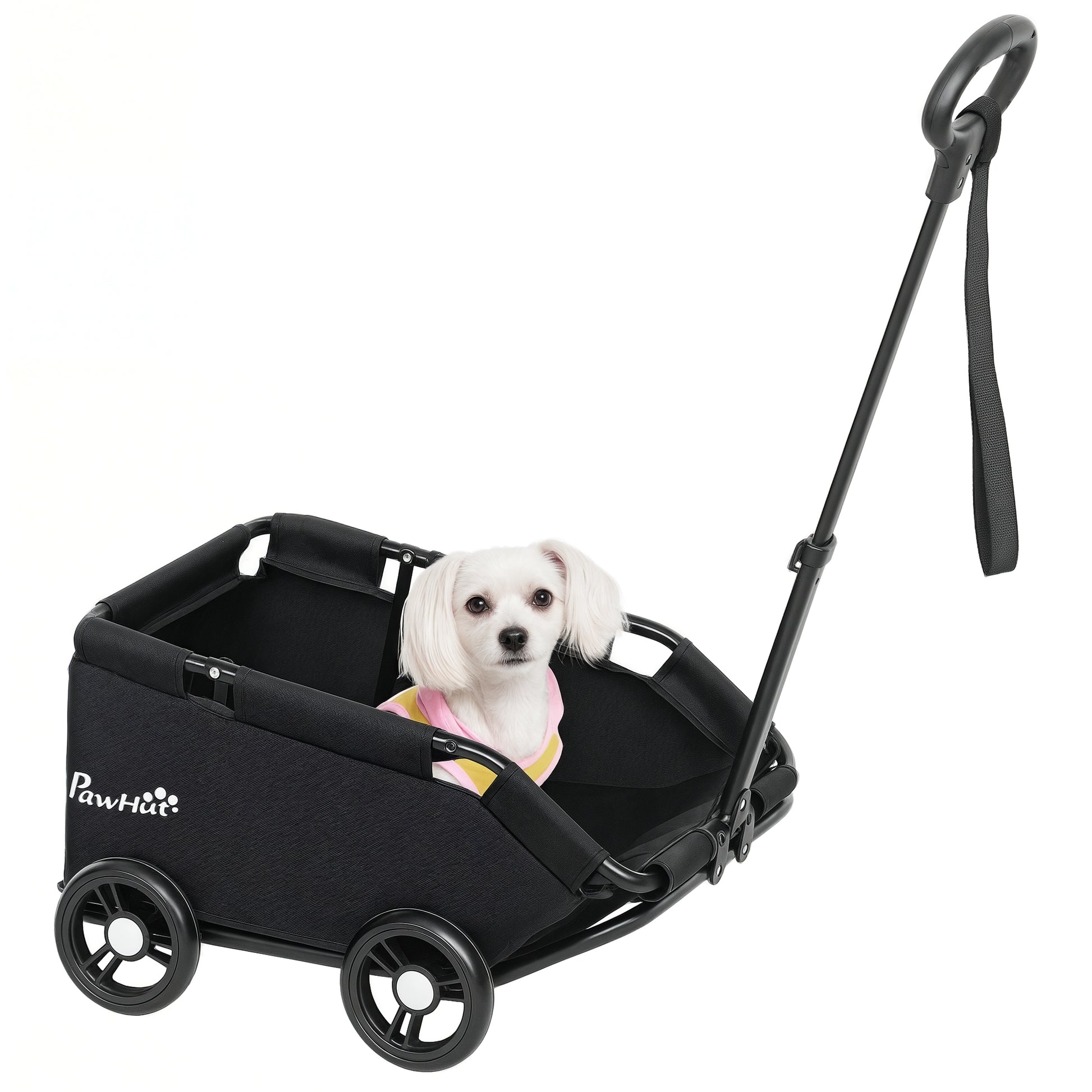Foldable Dog Stroller Pet Stroller Miniature Dog Cart with Adjustable Push Handle Open Design Cushion Storage Bag and Wheels 53x45x28 cm Black