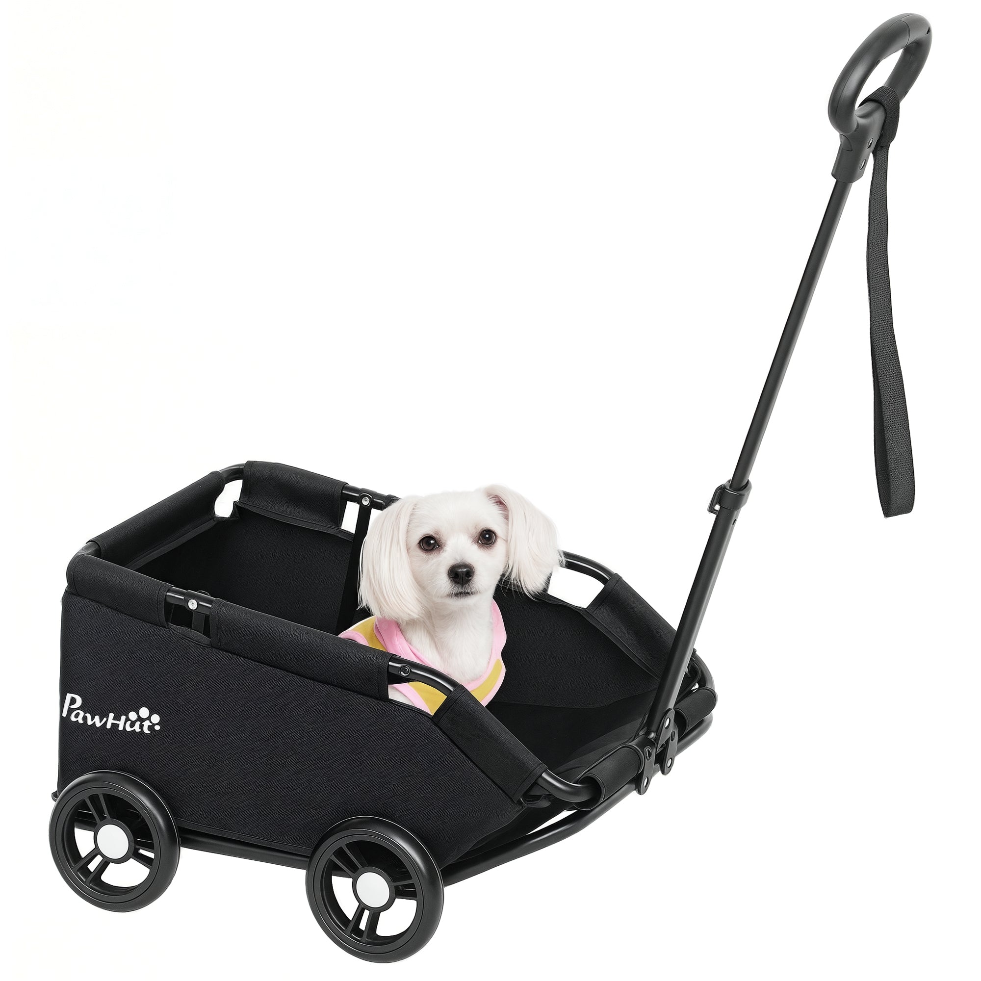 Foldable Dog Stroller Pet Stroller Miniature Dog Cart with Adjustable Push Handle Open Design Cushion Storage Bag and Wheels 53x45x28 cm Black