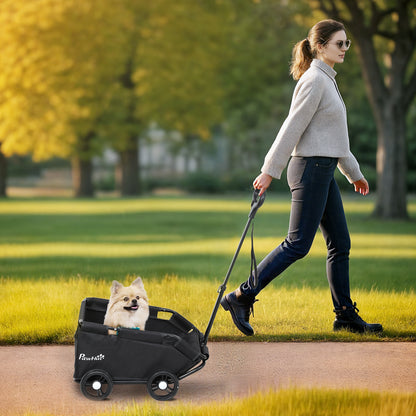 Foldable Dog Stroller Pet Stroller Miniature Dog Cart with Adjustable Push Handle Open Design Cushion Storage Bag and Wheels 53x45x28 cm Black