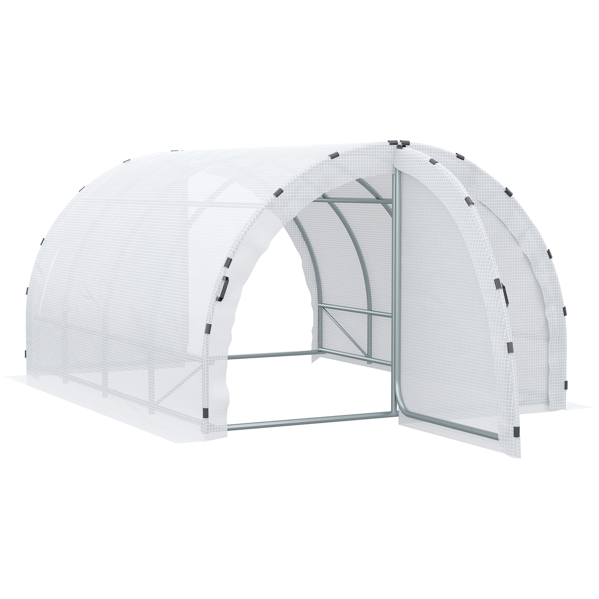 Garden Tunnel Greenhouse Ground Surface 12 sqm 4L x 3W x 2H m Reinforced Tubular Frame 25 mm Double Door with Handles White