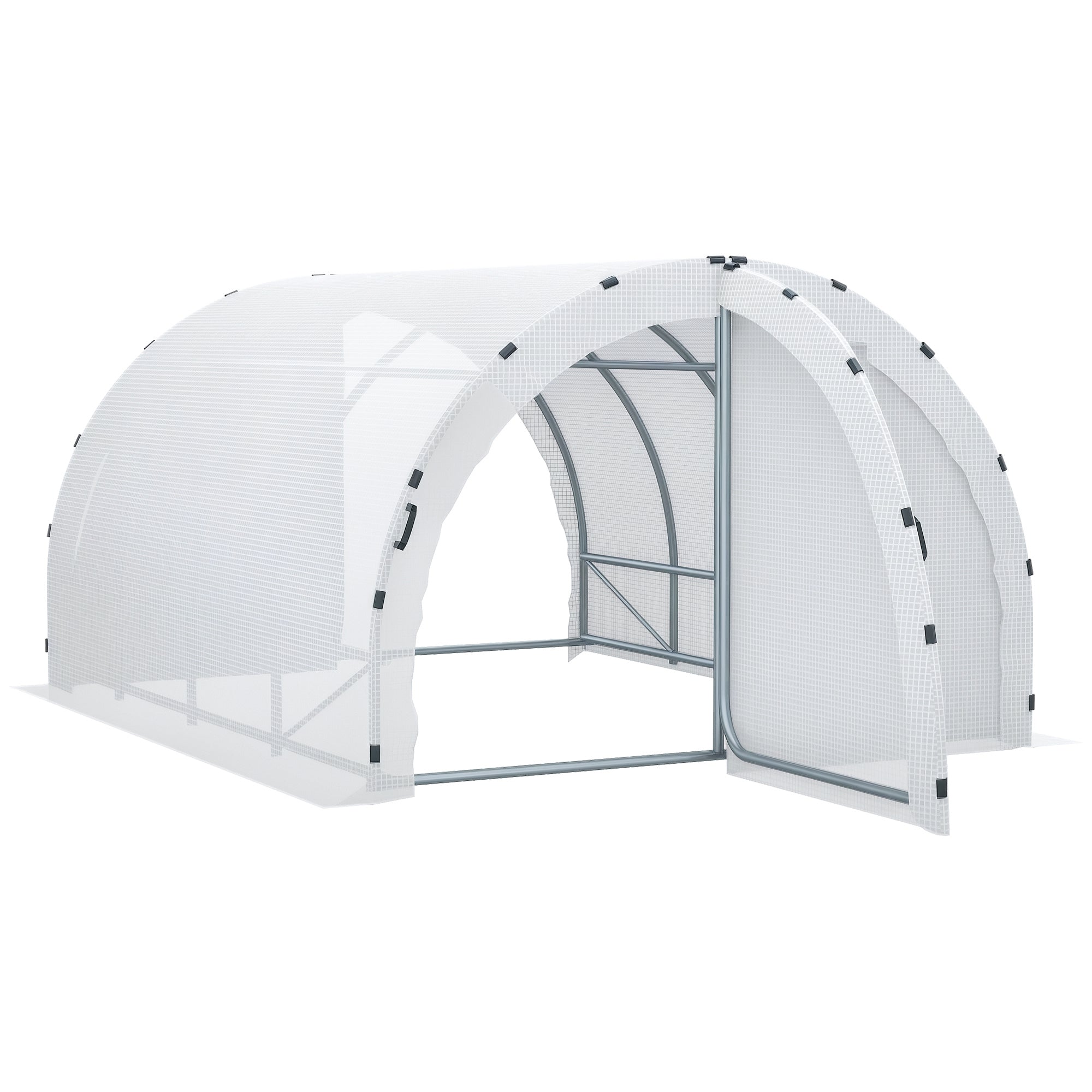 Garden Tunnel Greenhouse Ground Surface 12 sqm 4L x 3W x 2H m Reinforced Tubular Frame 25 mm Double Door with Handles White