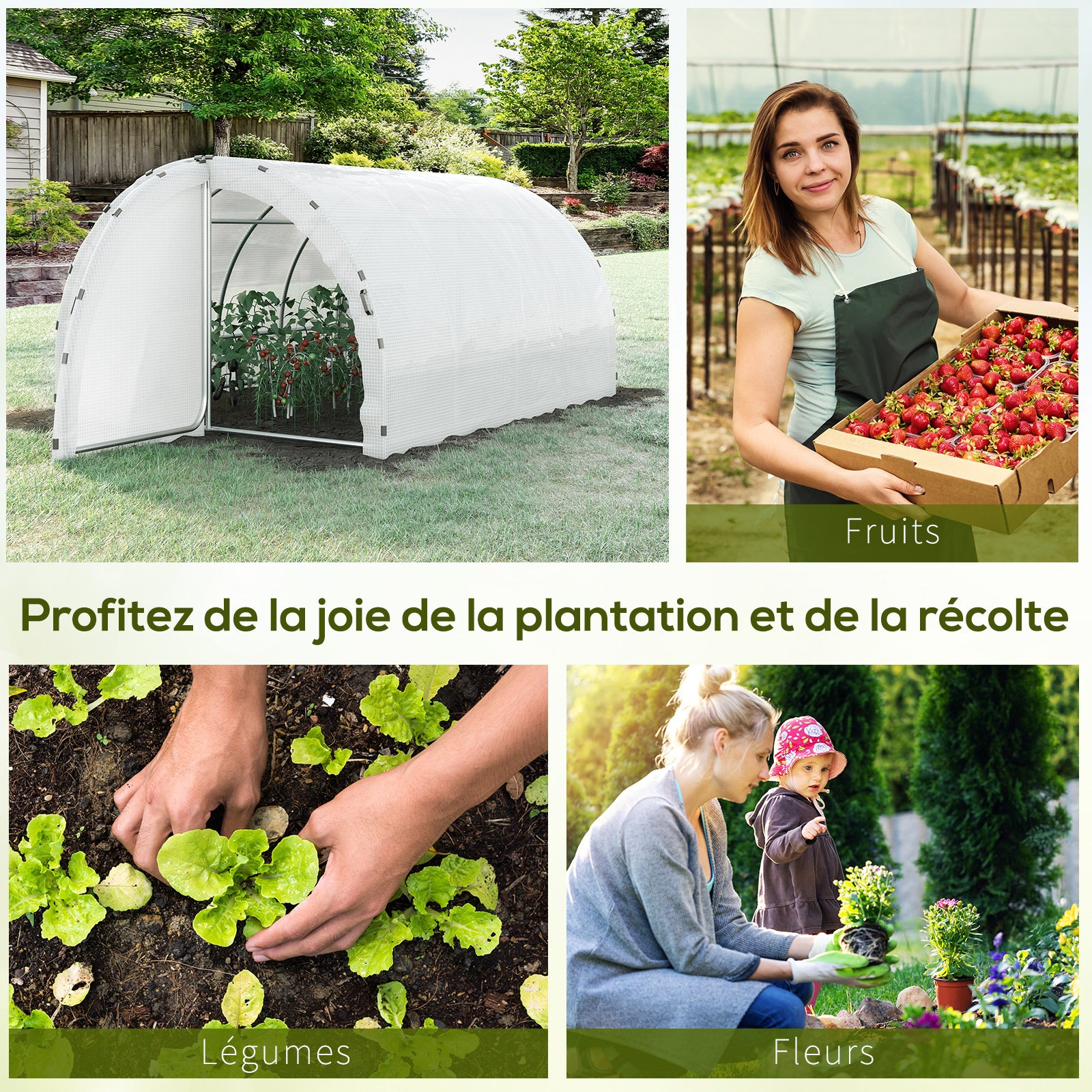 Garden Tunnel Greenhouse Ground Surface 12 sqm 4L x 3W x 2H m Reinforced Tubular Frame 25 mm Double Door with Handles White
