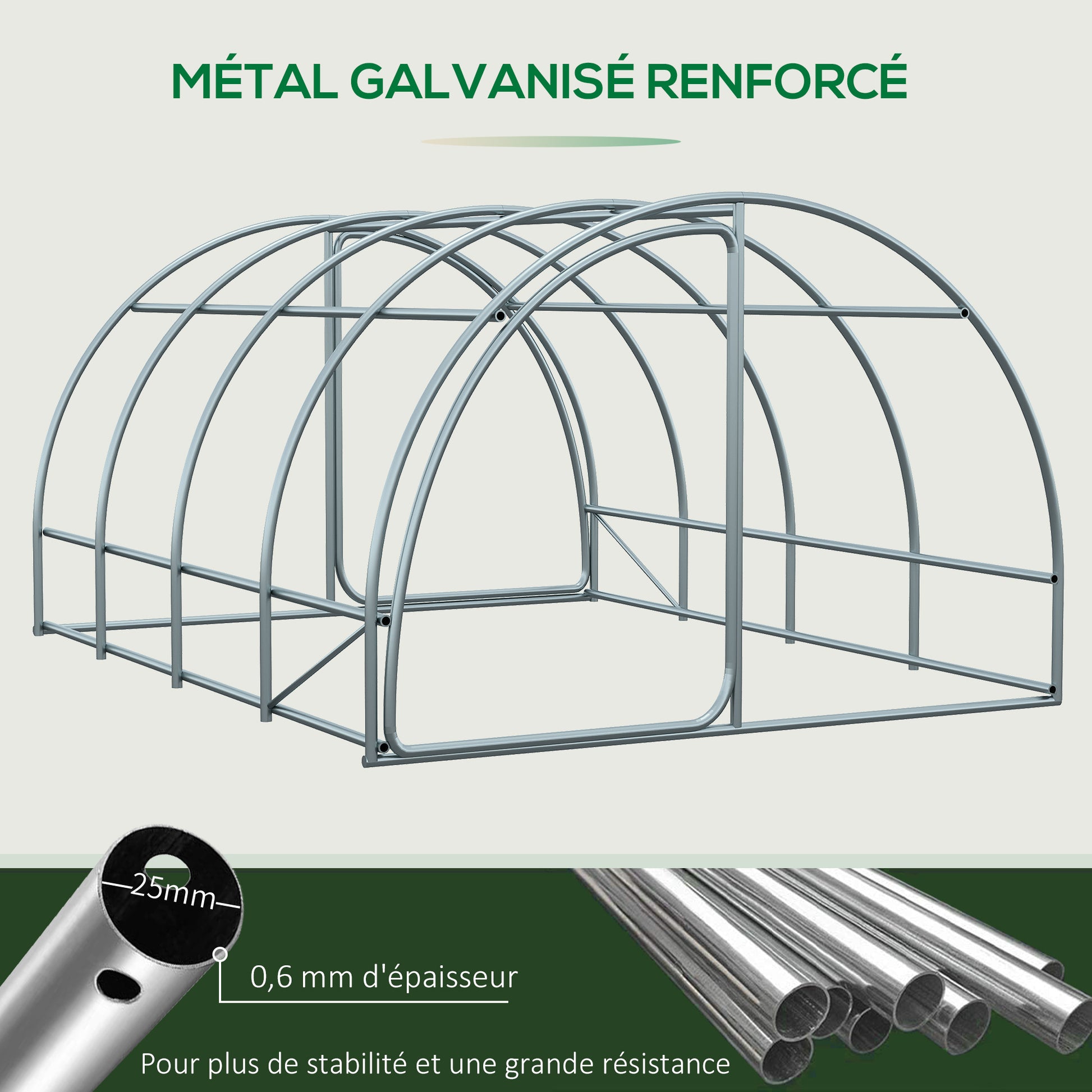 Garden Tunnel Greenhouse Ground Surface 12 sqm 4L x 3W x 2H m Reinforced Tubular Frame 25 mm Double Door with Handles White