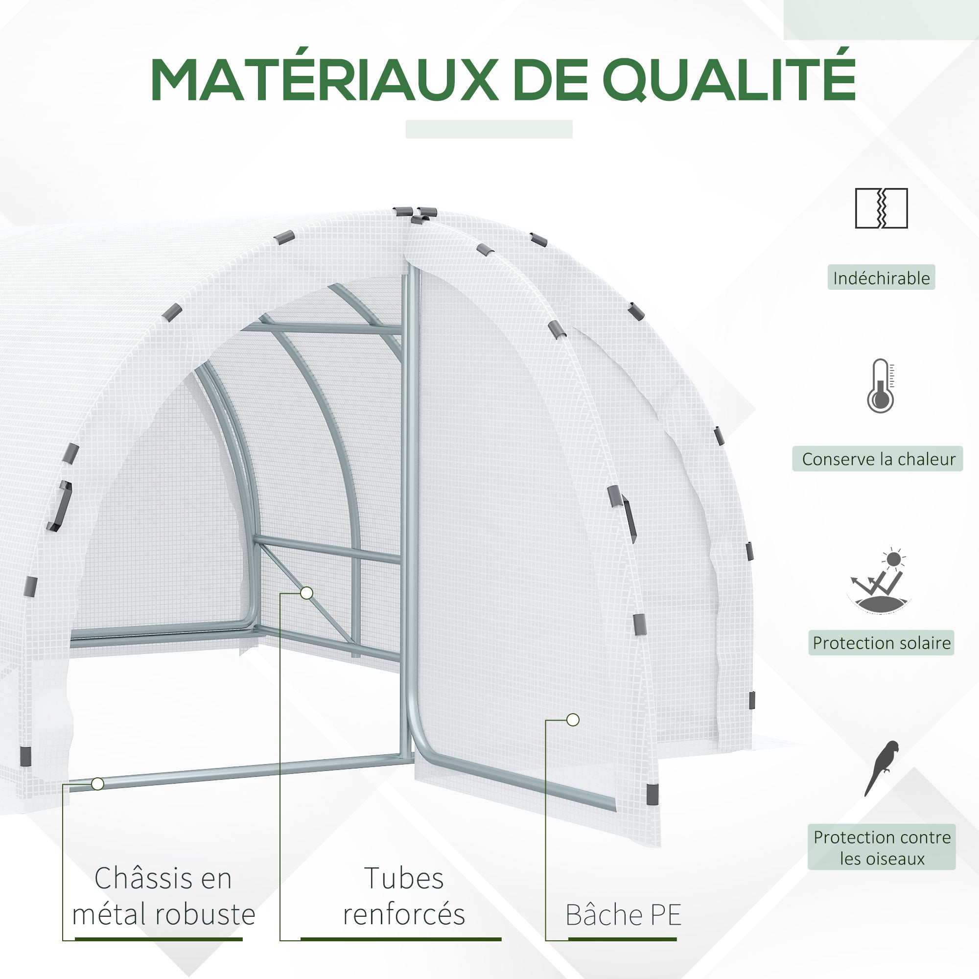 Garden Tunnel Greenhouse Ground Surface 12 sqm 4L x 3W x 2H m Reinforced Tubular Frame 25 mm Double Door with Handles White