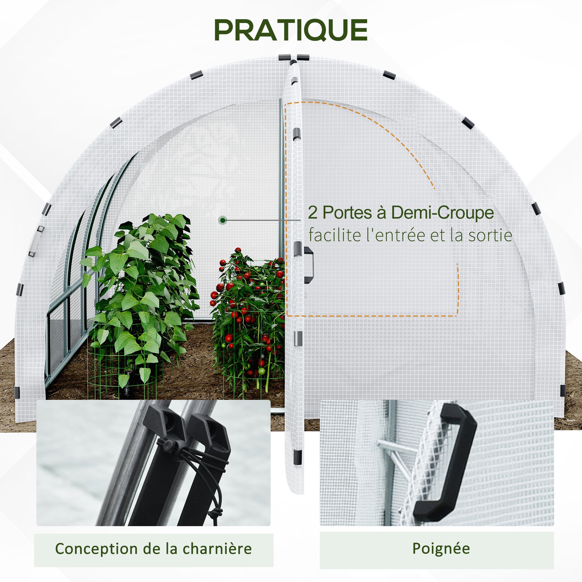Garden Tunnel Greenhouse Ground Surface 12 sqm 4L x 3W x 2H m Reinforced Tubular Frame 25 mm Double Door with Handles White