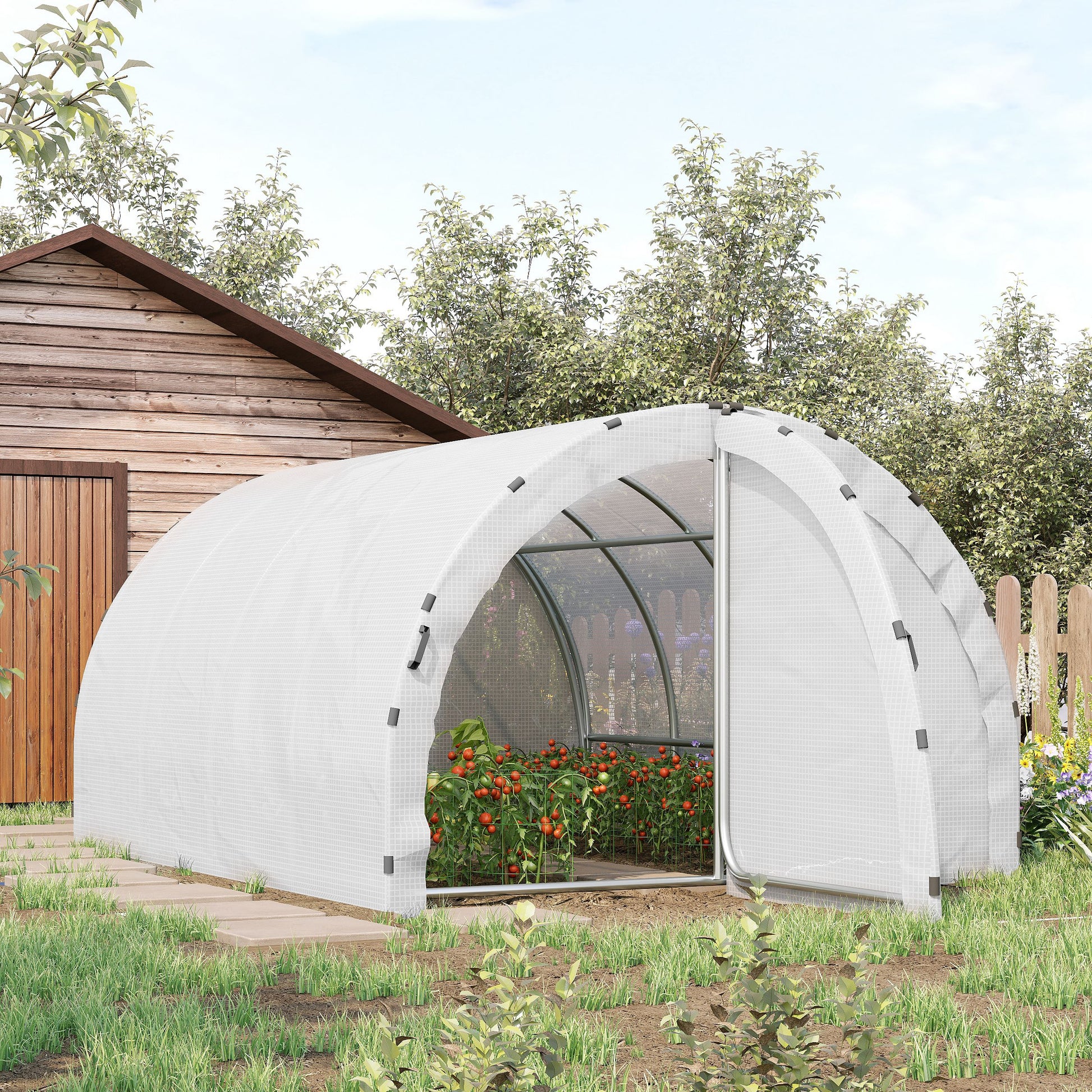 Garden Tunnel Greenhouse Ground Surface 12 sqm 4L x 3W x 2H m Reinforced Tubular Frame 25 mm Double Door with Handles White