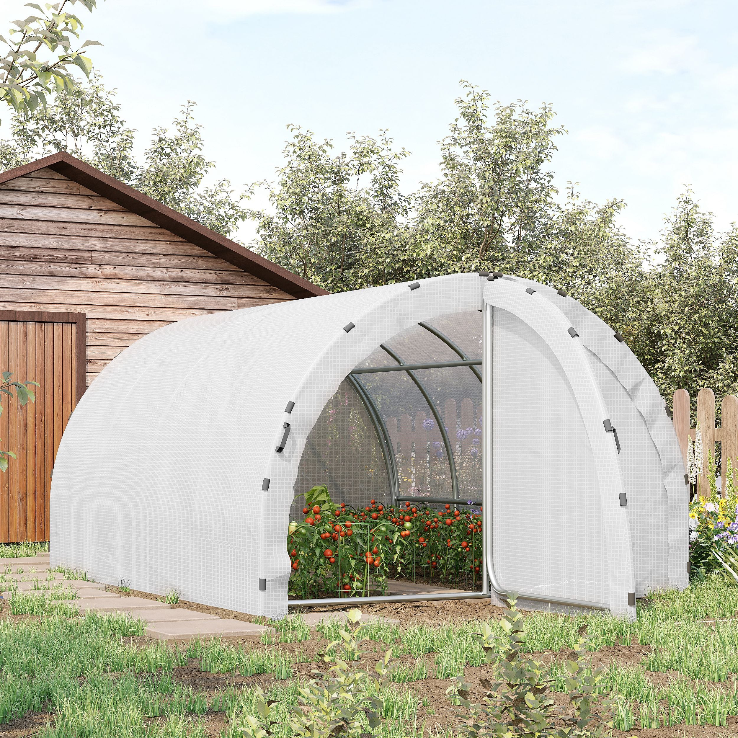 Garden Tunnel Greenhouse Ground Surface 12 sqm 4L x 3W x 2H m Reinforced Tubular Frame 25 mm Double Door with Handles White
