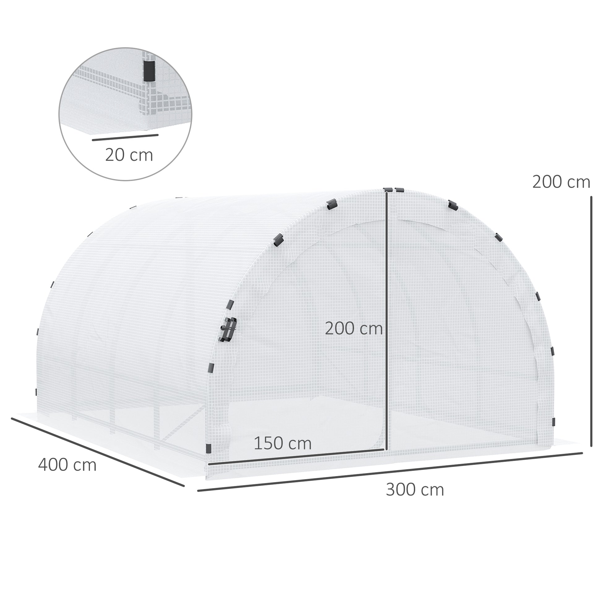 Garden Tunnel Greenhouse Ground Surface 12 sqm 4L x 3W x 2H m Reinforced Tubular Frame 25 mm Double Door with Handles White