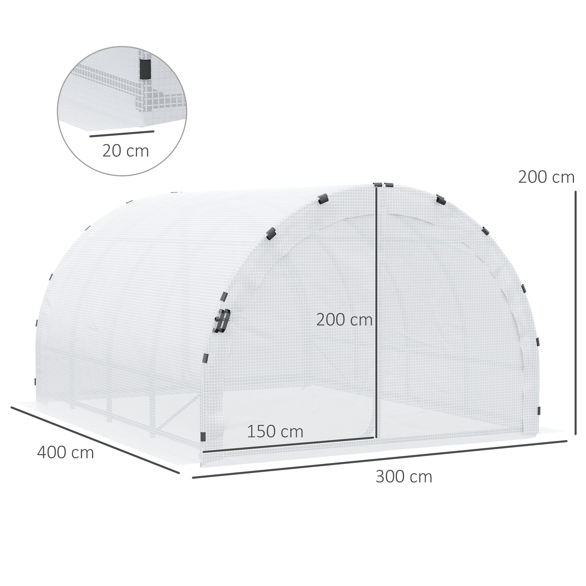 Garden Tunnel Greenhouse Ground Surface 12 sqm 4L x 3W x 2H m Reinforced Tubular Frame 25 mm Double Door with Handles White