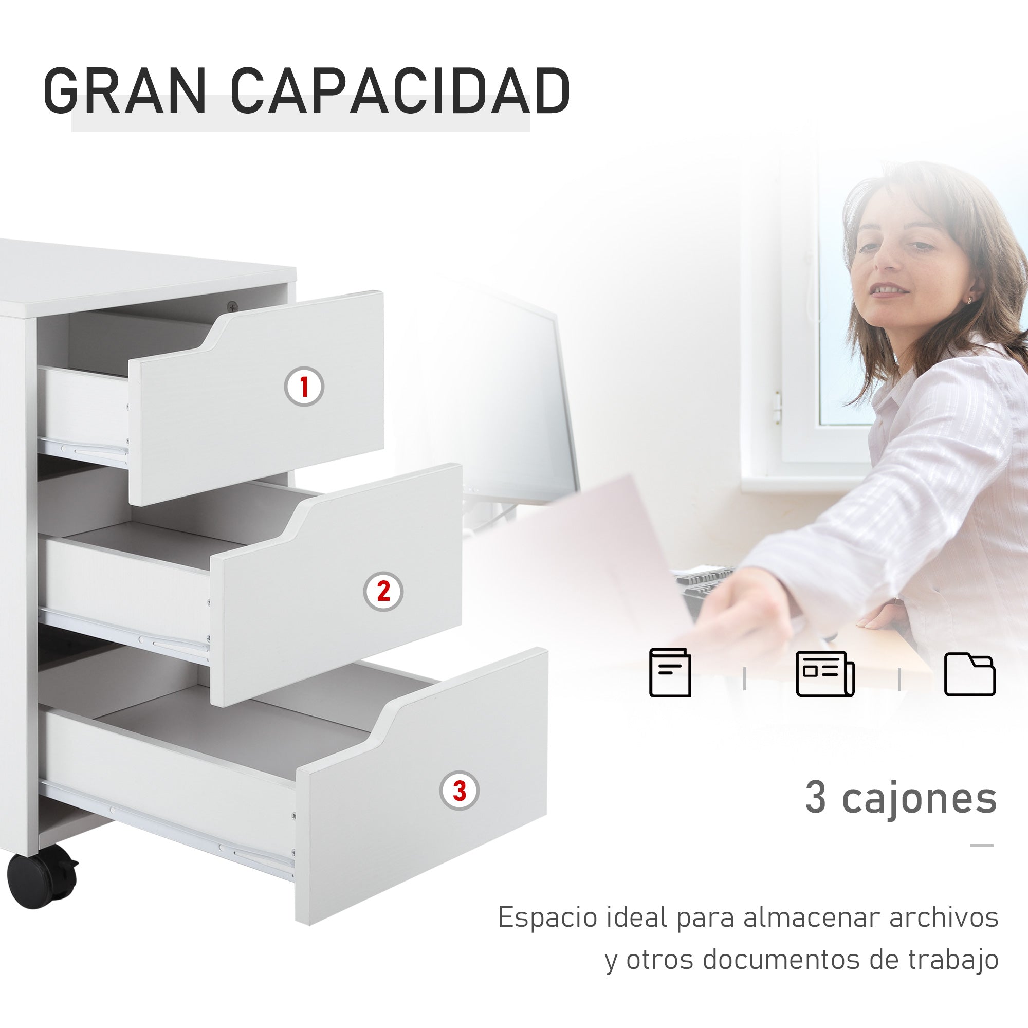 Office Drawer Unit with Wheels Filing Cabinet with 3 Drawers Desk Drawer Unit 15.7x19.7x22.6 inches White