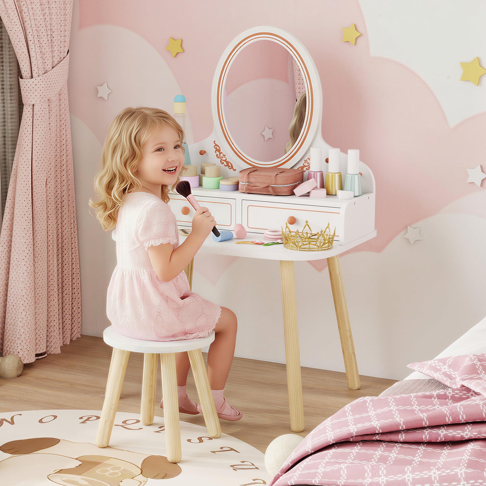 Kids Vanity Set with Stool & Mirror — Makeup Table with Drawers & Hanging Rods for Girls, Ages 3–8 — White