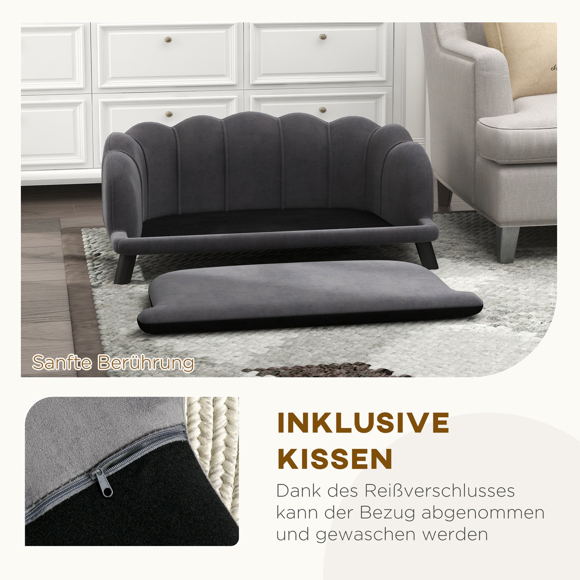 Dog Sofa Dog Couch, Washable Cover, Pet Sofa with Backrest and Wooden Legs, Cat Sofa, for medium-sized dogs under 25 kg, Dark Grey