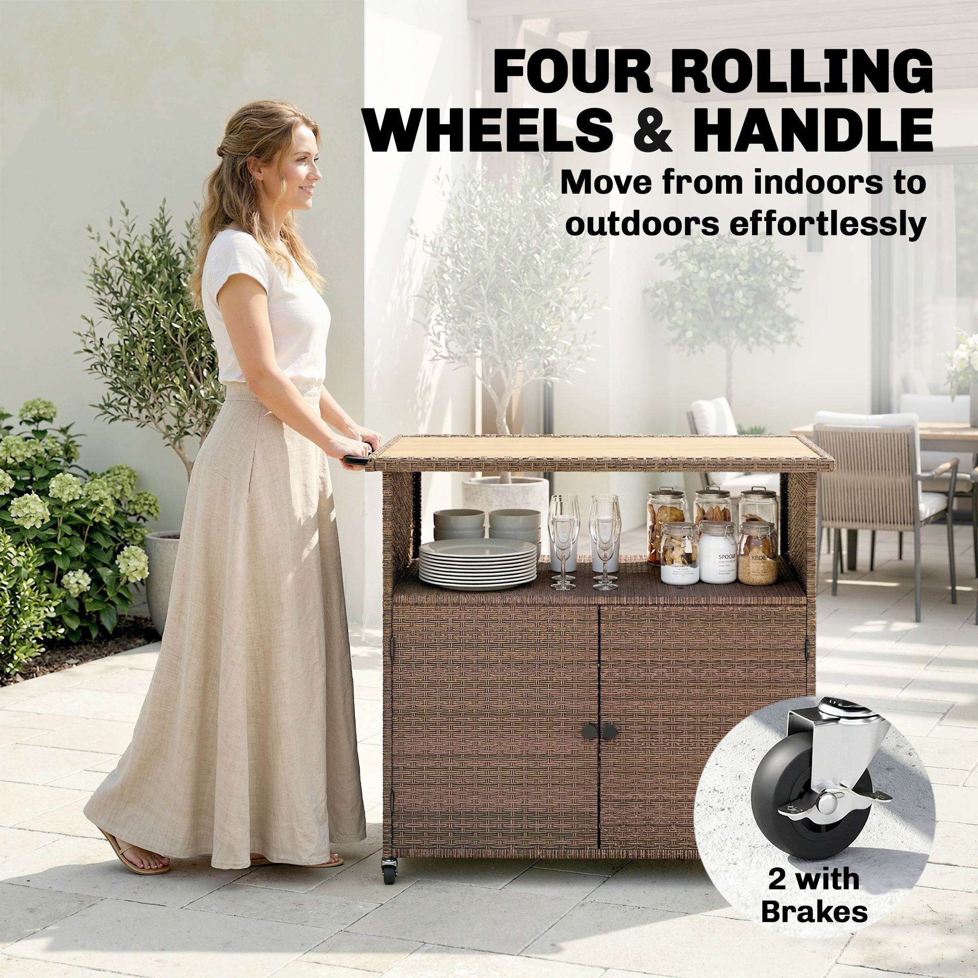 Rattan Serving Cart with FSC Eucalyptus Wood Top, Shelf, Wheels & Side Handle — Outdoor Bar/Grill Cart for Garden, Pool & Patio (95 x 54 x 84 cm / 37.4 x 21.3 x 33.1 in)
