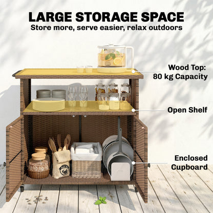 Rattan Serving Cart with FSC Eucalyptus Wood Top, Shelf, Wheels & Side Handle — Outdoor Bar/Grill Cart for Garden, Pool & Patio (95 x 54 x 84 cm / 37.4 x 21.3 x 33.1 in)