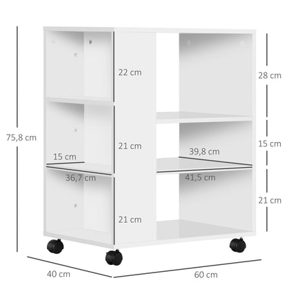 Printer Stand Office Side Cabinet with Wheels with 3 Side Shelves and 2 Brakes Load 30 kg for Bedroom Kitchen Living Room 60x40x75.8 cm White