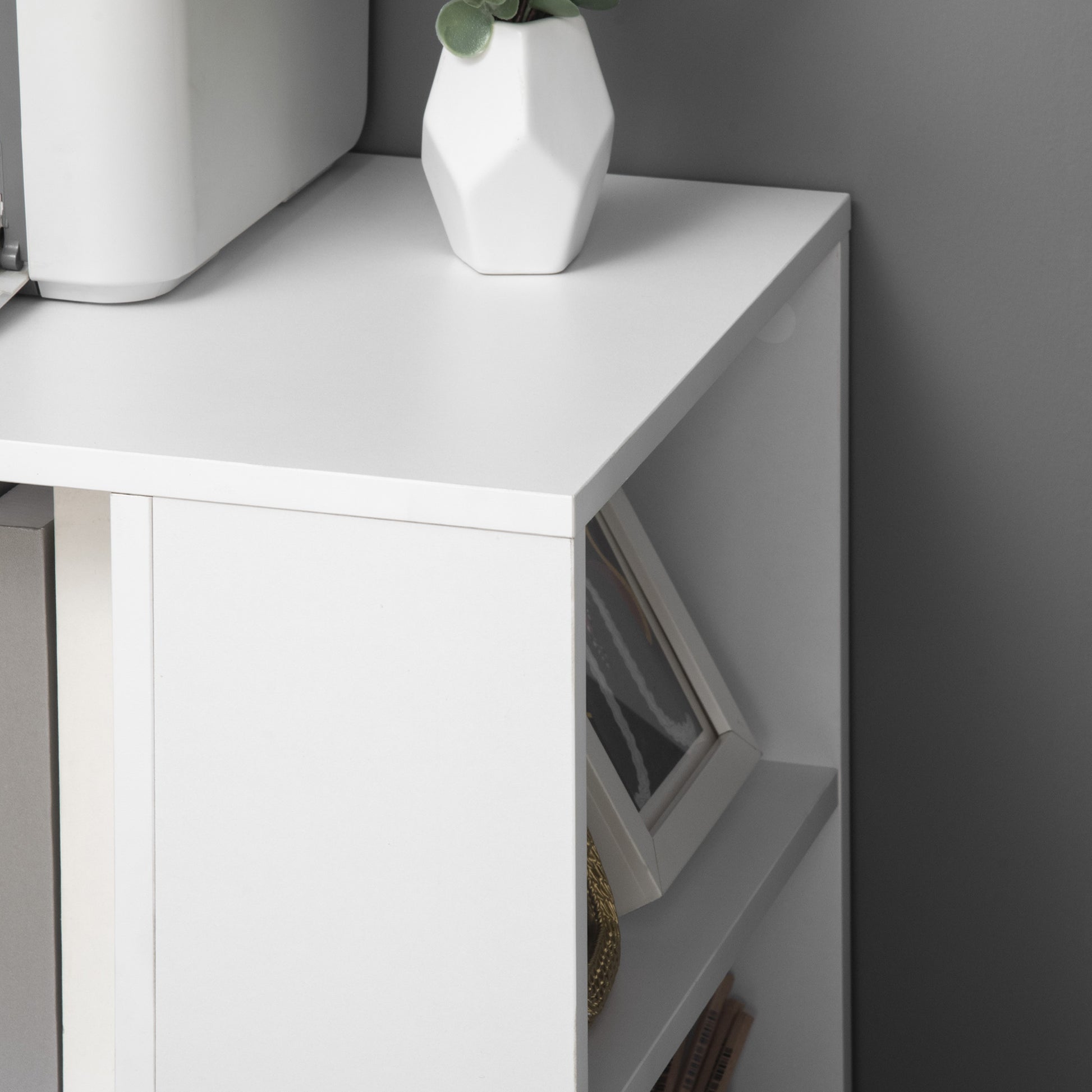 Printer Stand Office Side Cabinet with Wheels with 3 Side Shelves and 2 Brakes Load 30 kg for Bedroom Kitchen Living Room 60x40x75.8 cm White