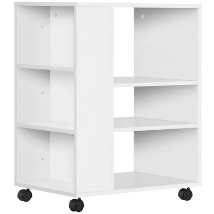 Printer Stand Office Side Cabinet with Wheels with 3 Side Shelves and 2 Brakes Load 30 kg for Bedroom Kitchen Living Room 60x40x75.8 cm White