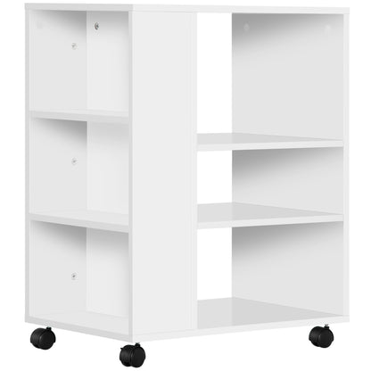 Printer Stand Office Side Cabinet with Wheels with 3 Side Shelves and 2 Brakes Load 30 kg for Bedroom Kitchen Living Room 60x40x75.8 cm White
