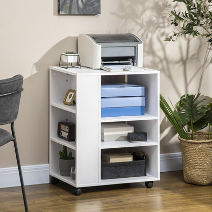 Printer Stand Office Side Cabinet with Wheels with 3 Side Shelves and 2 Brakes Load 30 kg for Bedroom Kitchen Living Room 60x40x75.8 cm White